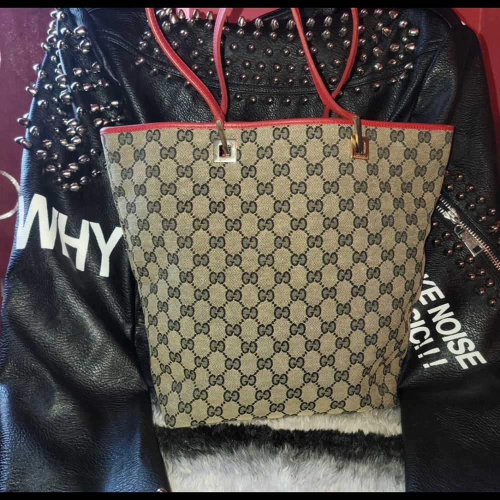 Authentic Gucci Gg Canvas Shoppers Tote Red/Navy Blue Bag